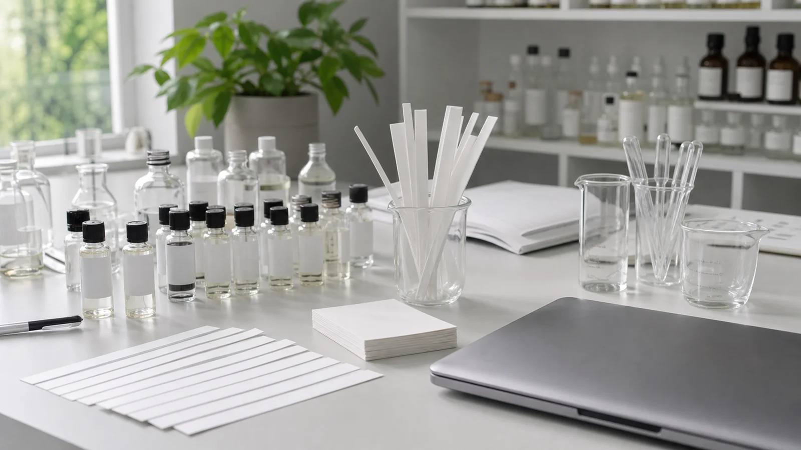 Perfumer translating an olfactory brief into evaluation directions, relevant to perfume formulation