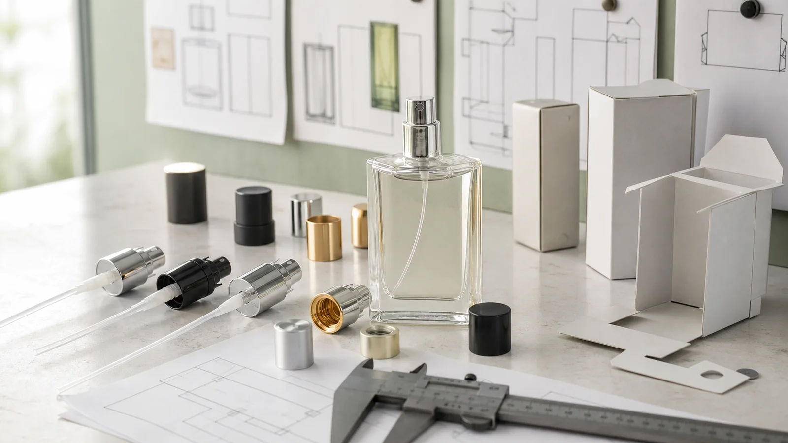 Perfume bottle, pump and carton components under engineering review, relevant to perfume bottle suppliers