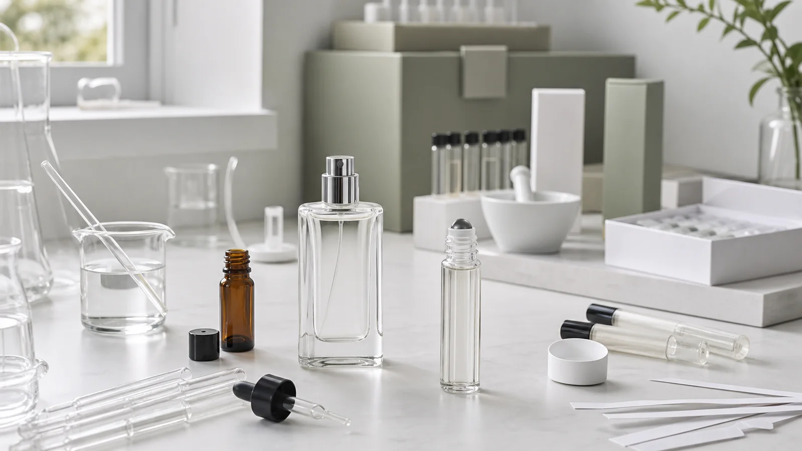 Different fragrance product formats arranged for technical comparison, relevant to alcohol-free perfume manufacturing