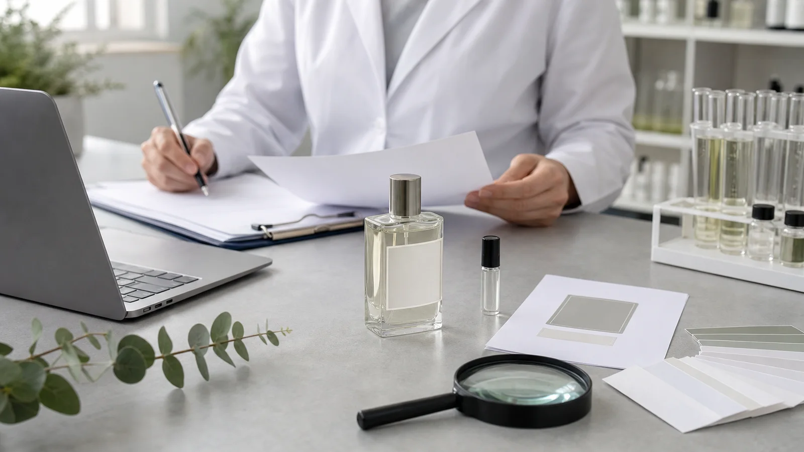 Regulatory specialist reviewing fragrance product documentation, relevant to EU perfume label requirements