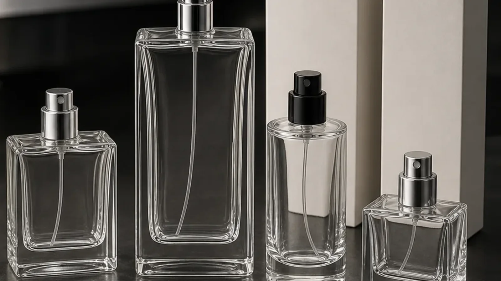 Perfume bottles, pumps and caps prepared for compatibility evaluation, relevant to crimp vs screw perfume pump