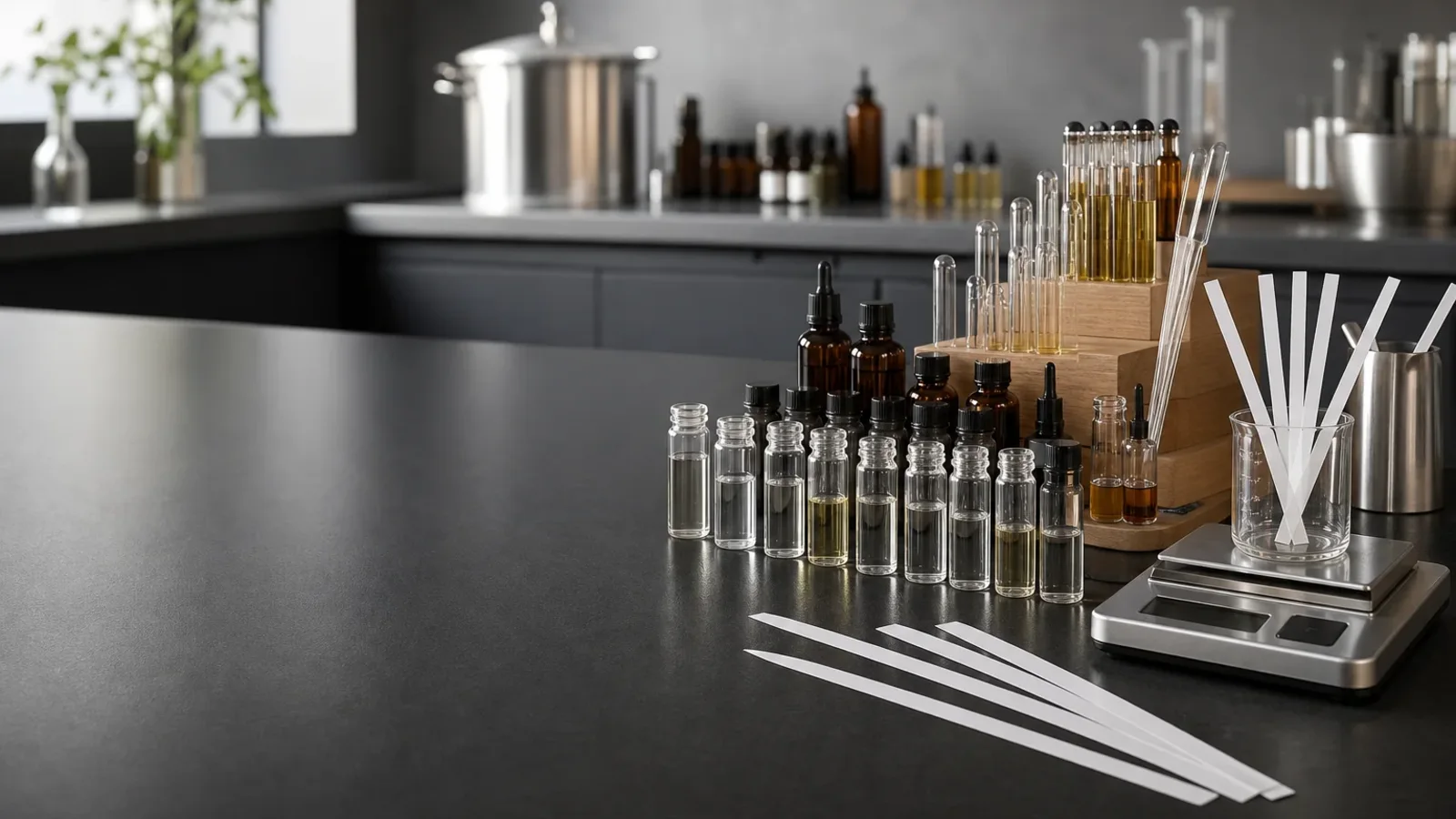 Fragrance samples and raw materials used during scent development, relevant to fragrance brief