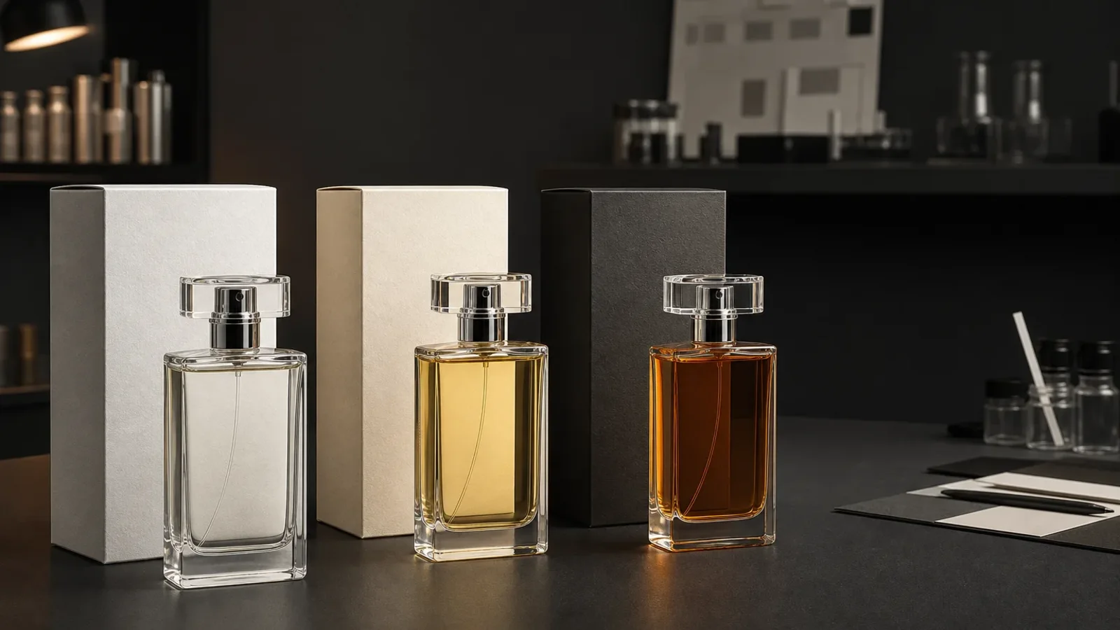 Perfume product concepts arranged for a project review, relevant to private label perfume for startups